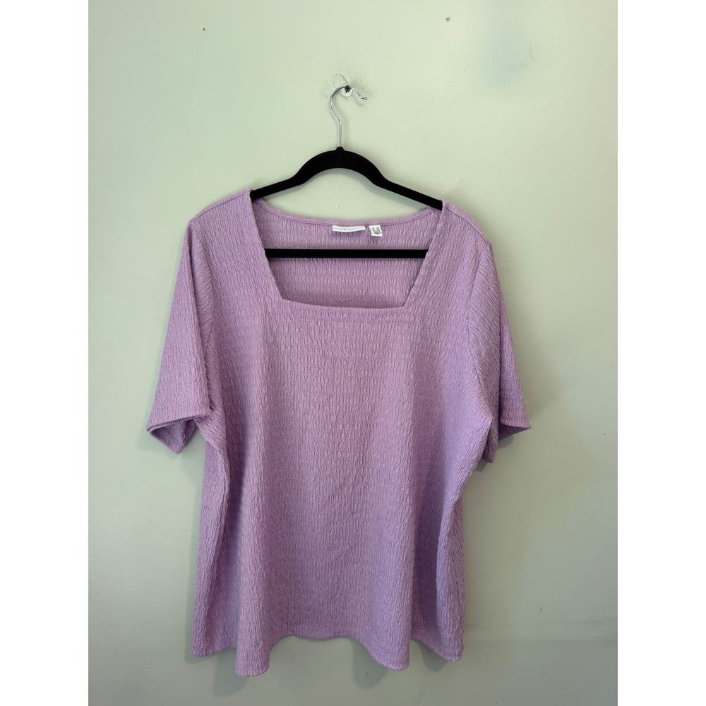 Susan Graver Purple Crinkle Textured Square Neck Top 2X Short Sleeve Orchid